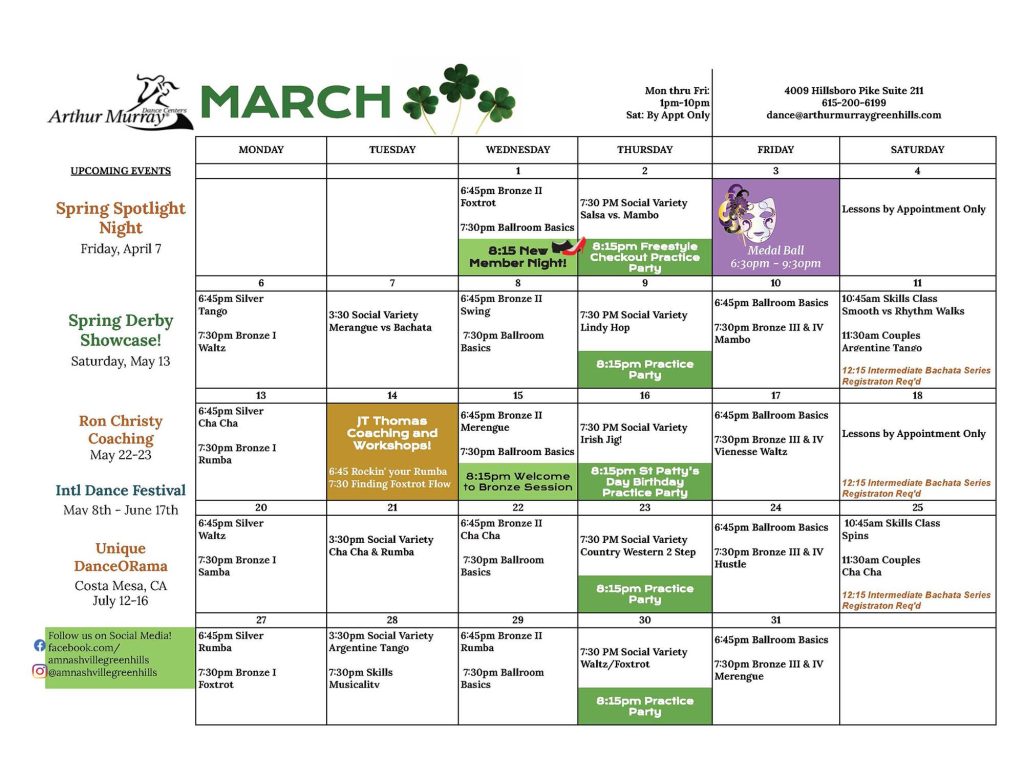 Studio Calendar - Arthur Murray Nashville - Green Hills