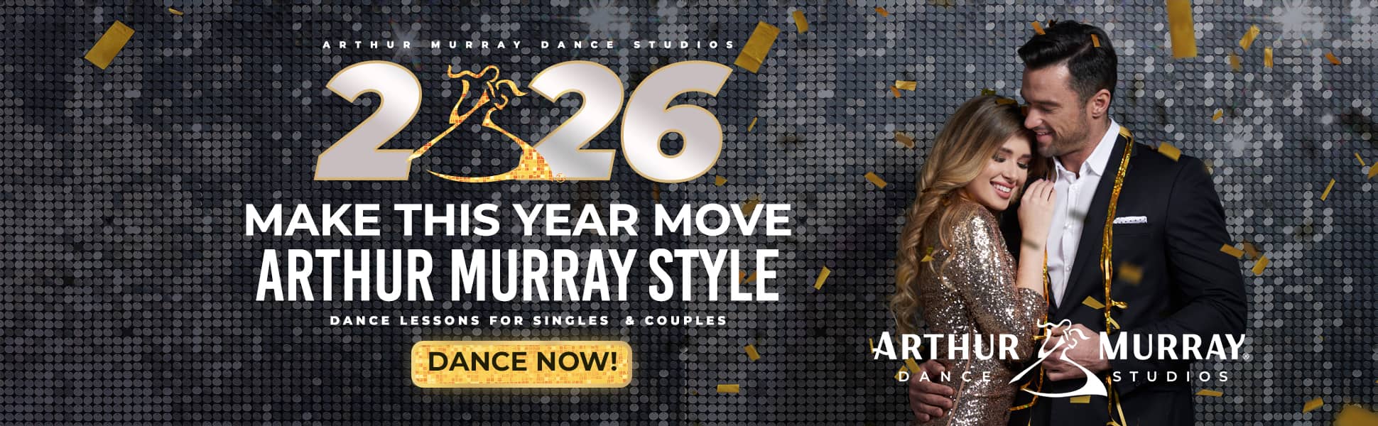Arthur Murray Dance Studios New Year 2026 banner offering ballroom dance lessons for singles and couples
