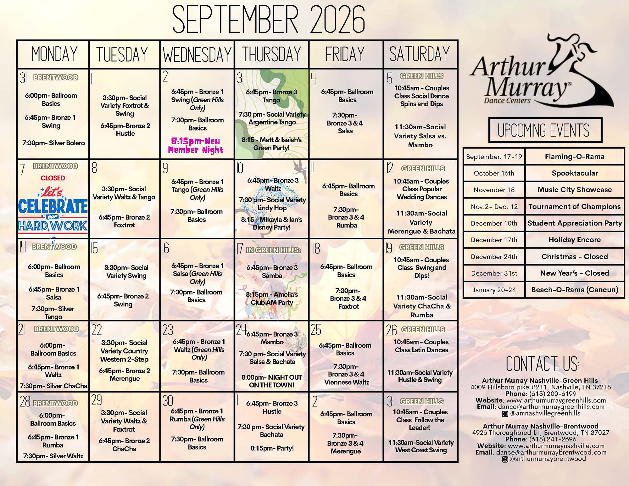 Studio Calendar - Arthur Murray Nashville - Green Hills